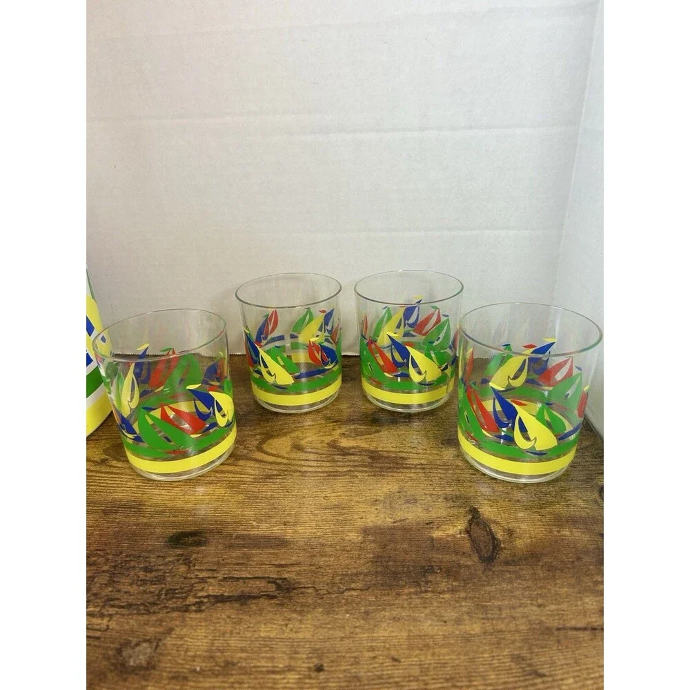 Vintage Sailboat Ice Bucket Set 4 Tumblers Coasters Tongs Primary Colors Taiwan